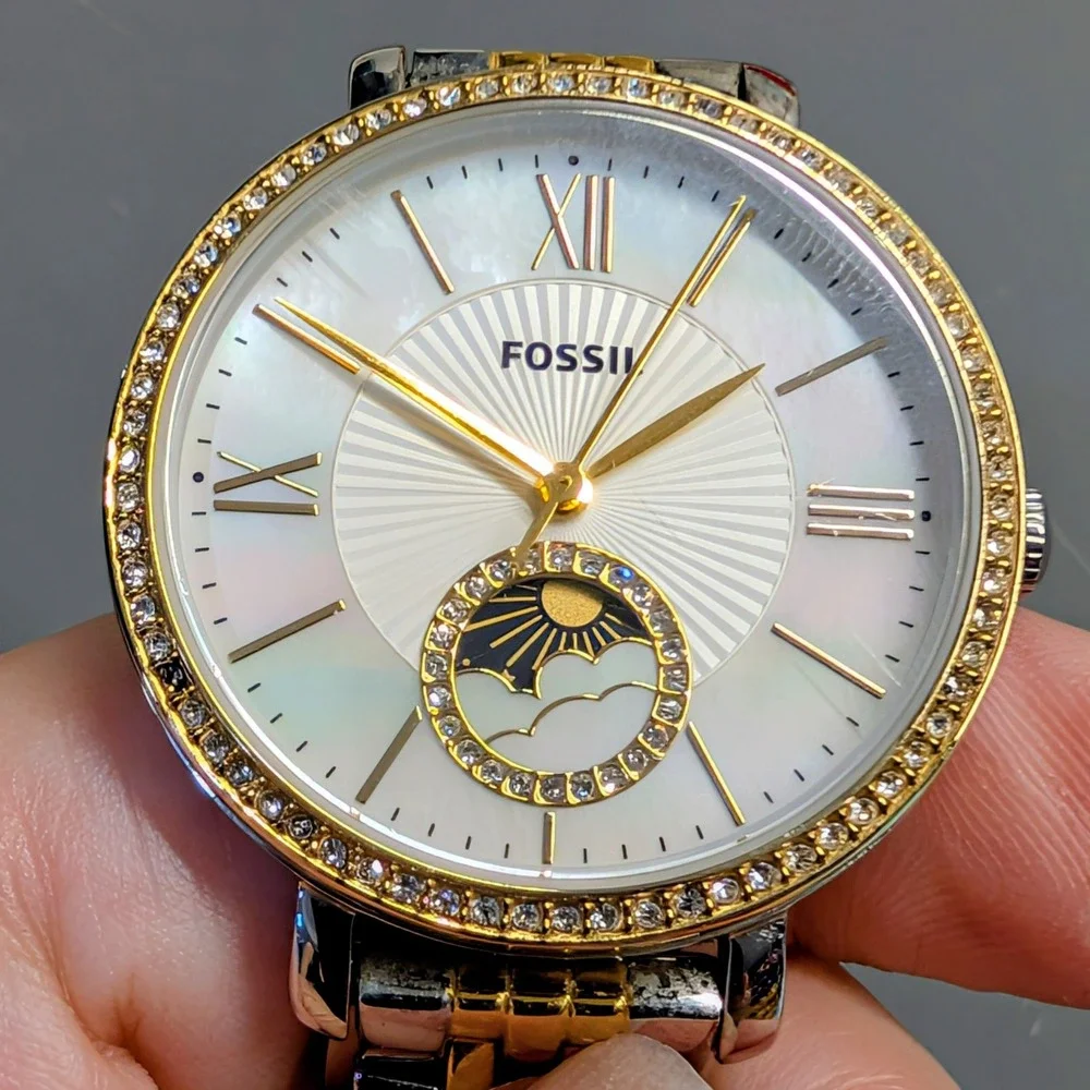 Fossil Jacqueline ES5166 Women's Watch Sun Moon MOP Dial Crystal Bezel Two-Tone